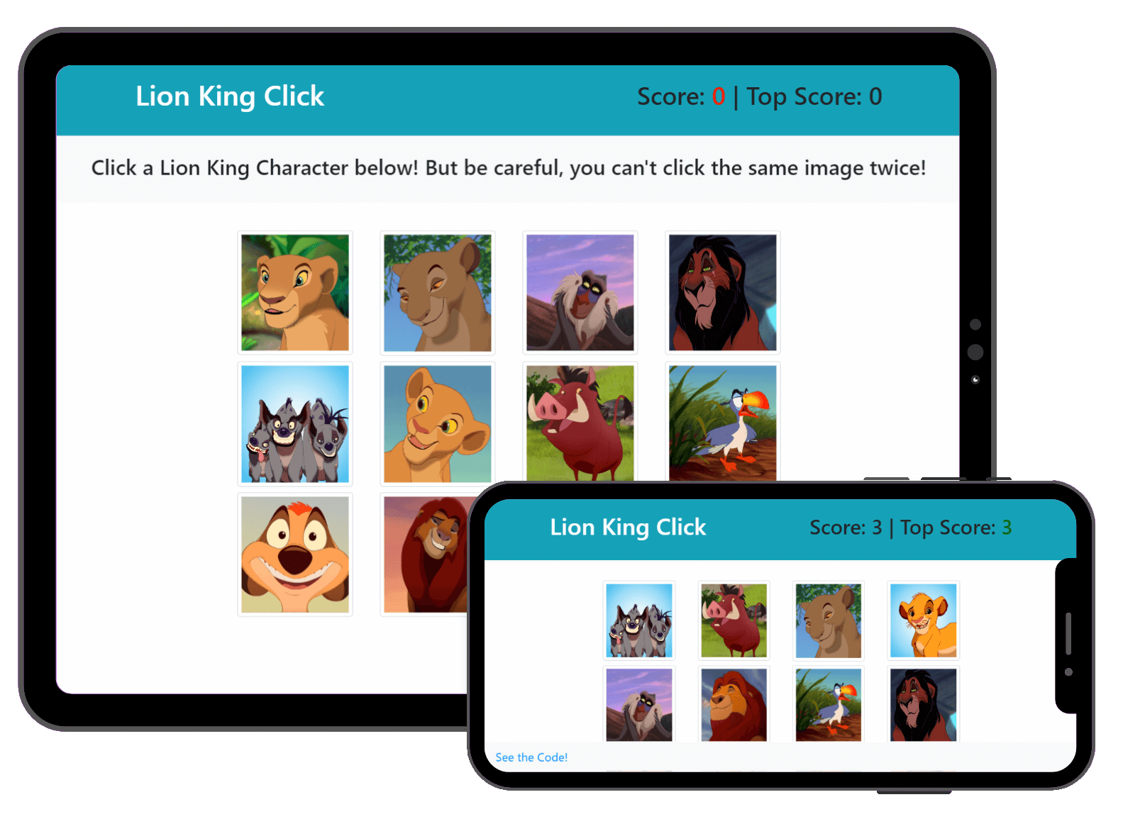 Lion King Click application displayed in ipad and iphone