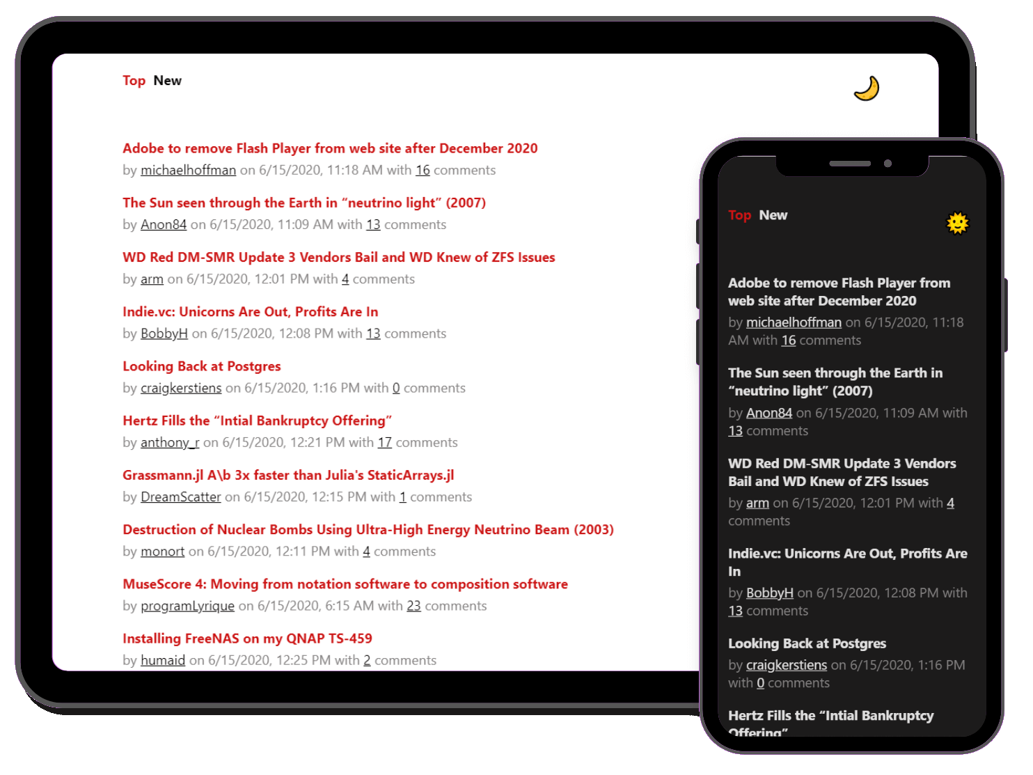 Hacker News Clone website displayed in ipad and iphone